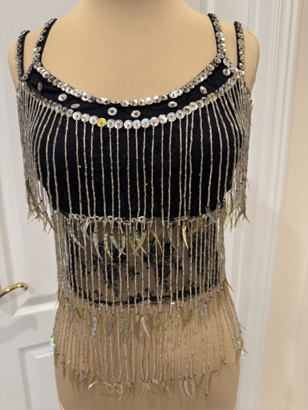Beaded Fringe camisole Top in Black with and beaded Silver Sequins. stretch fit